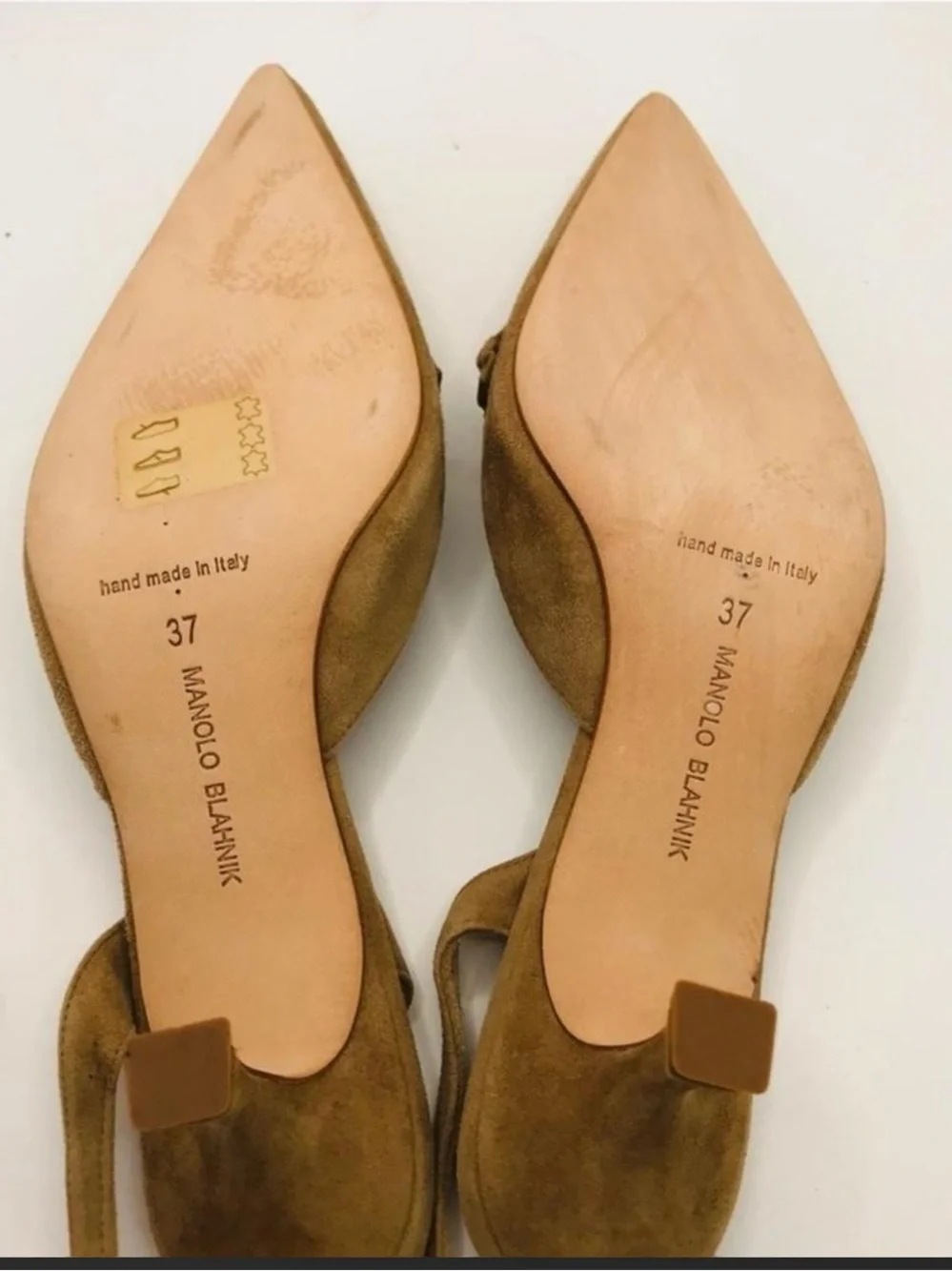 Manolo Blahnik Camel Suede Pointed Slingback Pumps with Ruching